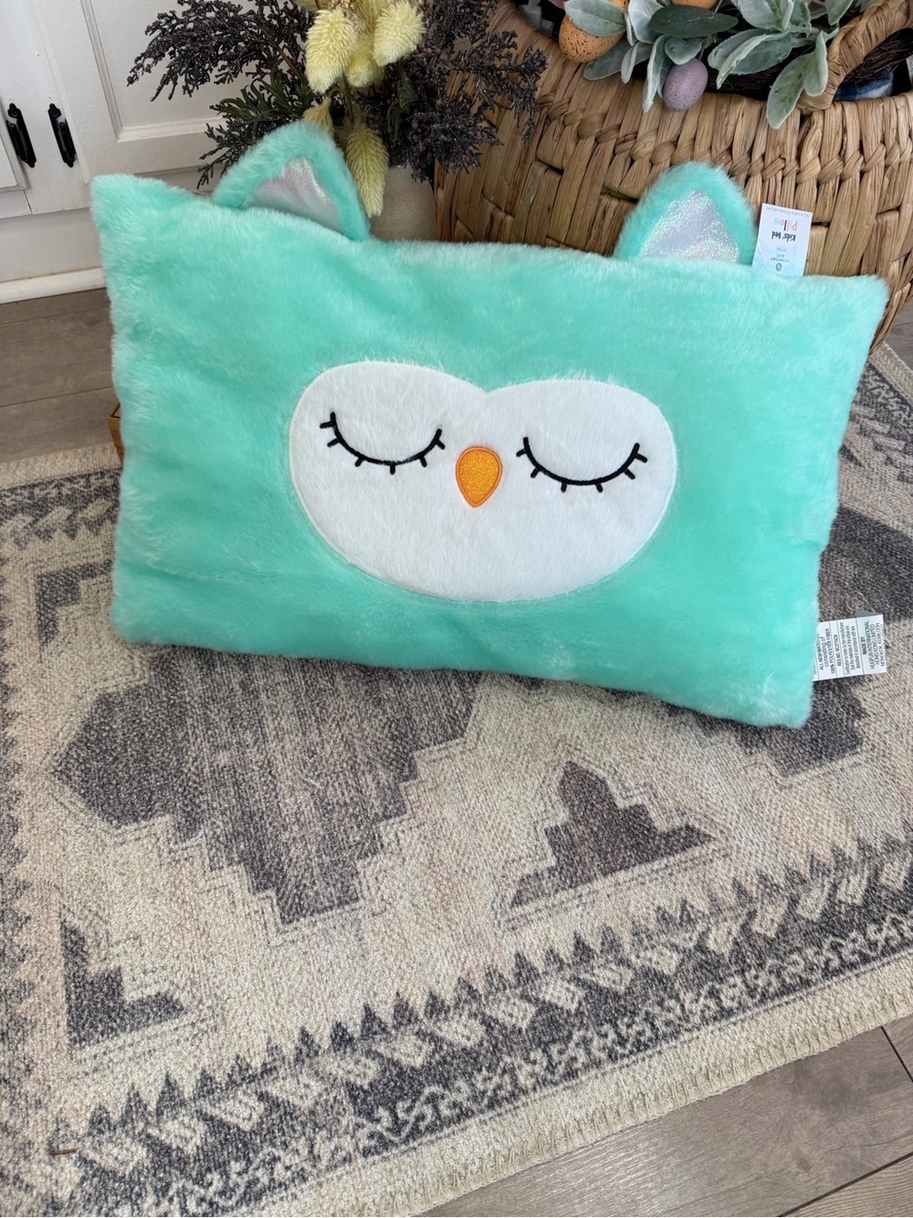 New XL Aqua Plush Owl Pillow with Cute Face Rectangular 16.5x24”